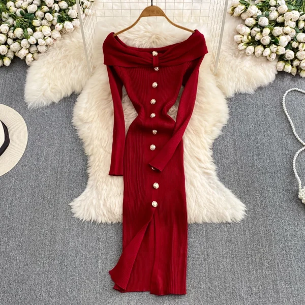 Red homecoming dresses: High waist off-shoulder knitted bodycon with front split