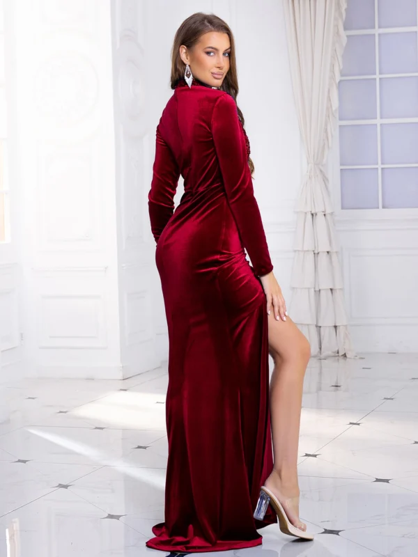 Red homecoming dress, long sleeve, sparkle sequin, velvet, floor-length gown - Image 3