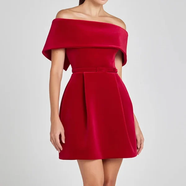 Elegant red homecoming dresses with off-shoulder and high waist design