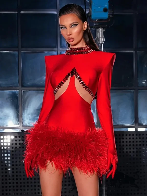 Red homecoming dress with beading, feathers, and long sleeves