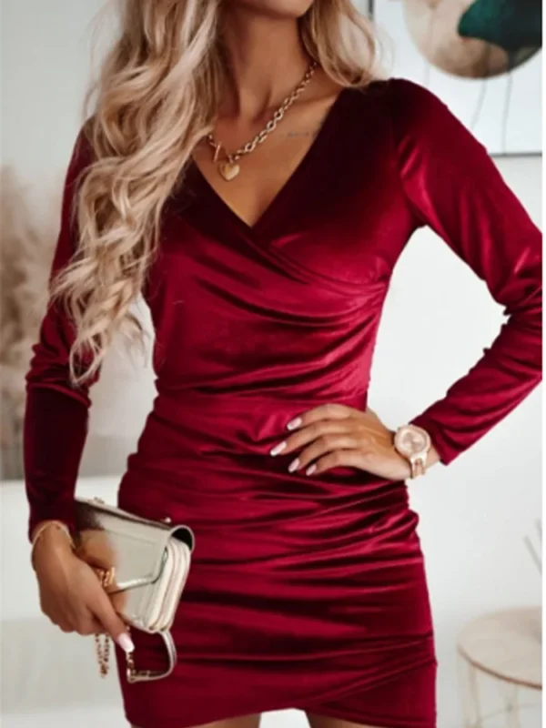 Elegant red homecoming dresses, slim fit V-neck long sleeve mini