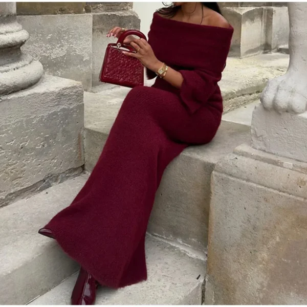 Elegant red homecoming dress, off-shoulder, long sleeve, pleated knit maxi - Image 2