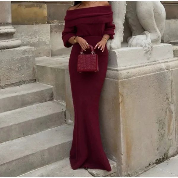 Elegant red homecoming dress, off-shoulder, long sleeve, pleated knit maxi - Image 3