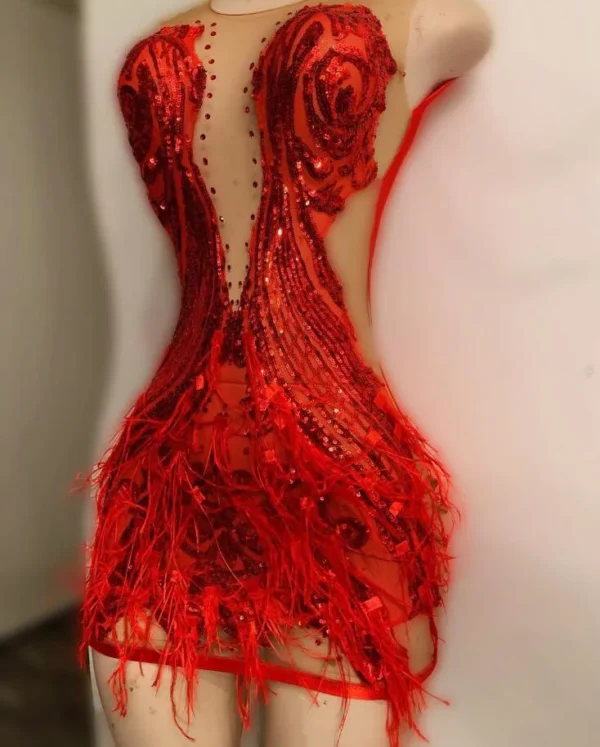 Red Homecoming Dresses: Glitter Sequin Mesh Prom Gown with Feathers