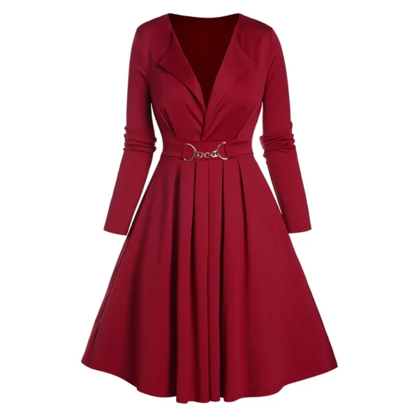 Red homecoming dress, plunge lapel collar pleated A-line mini design