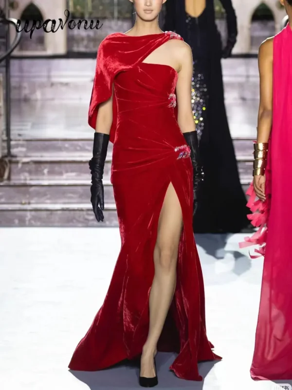 Red homecoming dress, wine red velvet bodycon draped split long gown