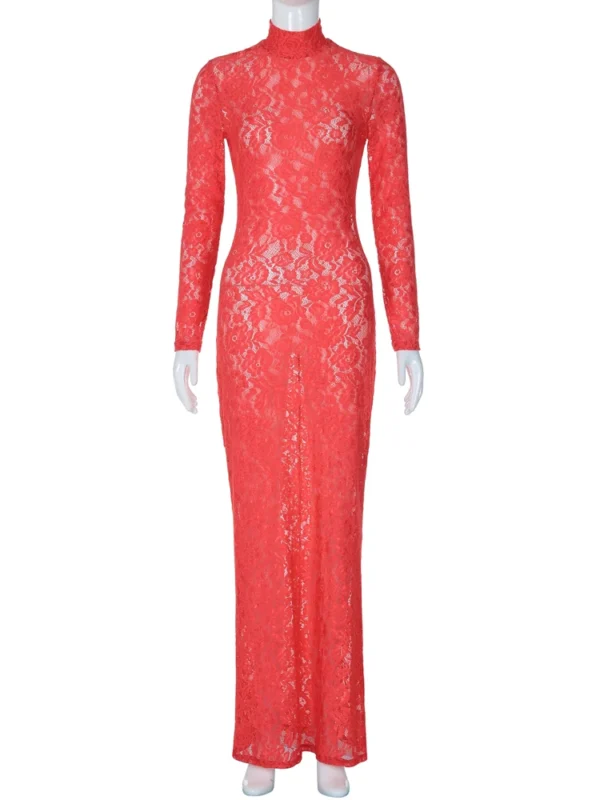 Red homecoming dresses: Long Sleeve Lace Bodycon Party Dress - Image 6