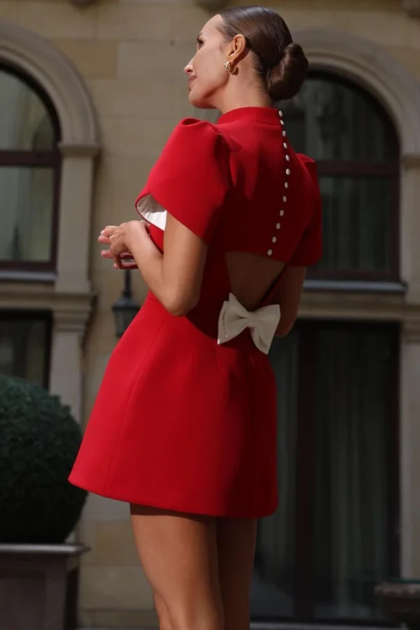 Red homecoming dress with elegant bow, A-line, short sleeve