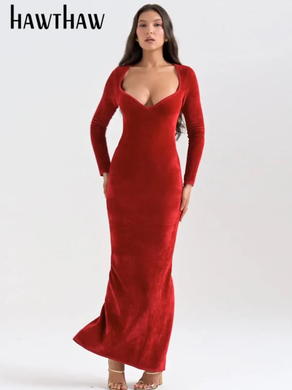 Red homecoming dresses: Velvet bodycon long sleeve evening dress wholesale - Image 2