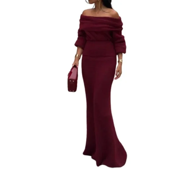 Elegant red homecoming dress, off-shoulder, long sleeve, pleated knit maxi - Image 6