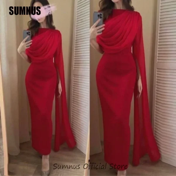 Red homecoming dresses: Mermaid one-shoulder formal gown with flare sleeves