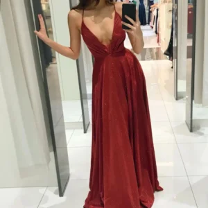 Red Satin Sparkly A-Line Backless Prom Evening Dress For Women