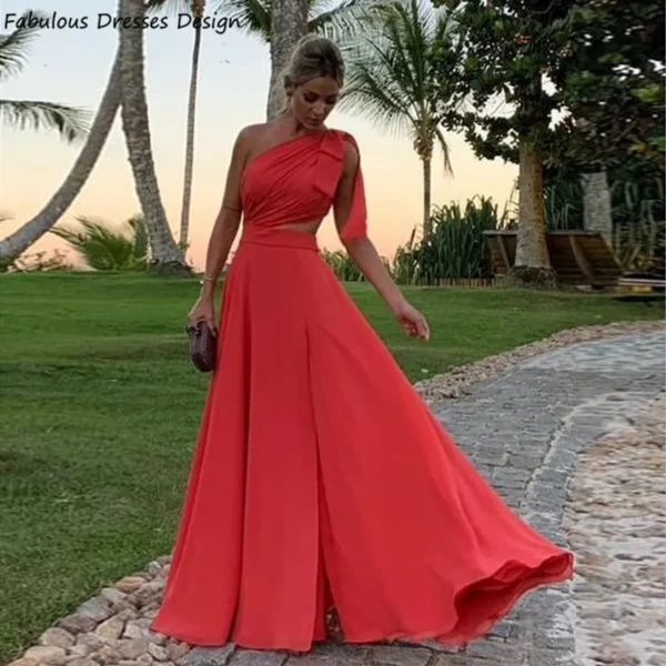 Red Homecoming Dress: Chiffon A-line One Shoulder Evening Gown