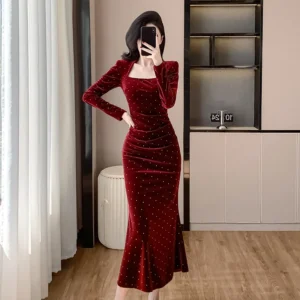 Wine Red Retro Square Neck Elegant Long Sleeve Casual Midi Dress