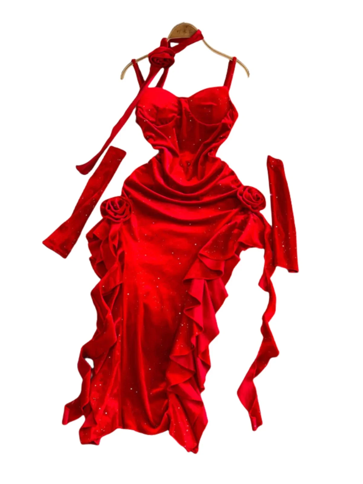 Vintage Red Velvet Suspender Dress Sexy Irregular Split Evening Dress - Image 6