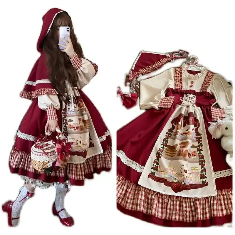 Kawaii Christmas Red Plaid Lolita Dress With Lace Ruffles And Puff Long Sleeves - Image 6