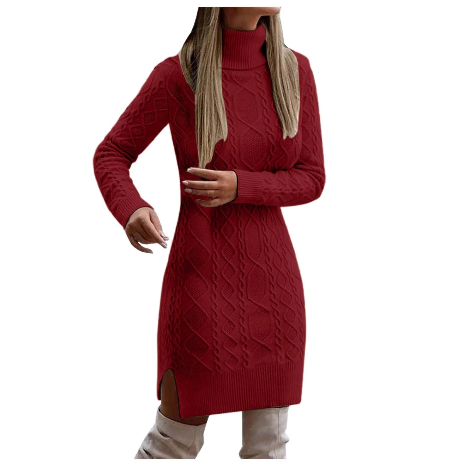 Women Winter Red Knitted Christmas Sweater Dress Slim Fit Pullover - Image 3