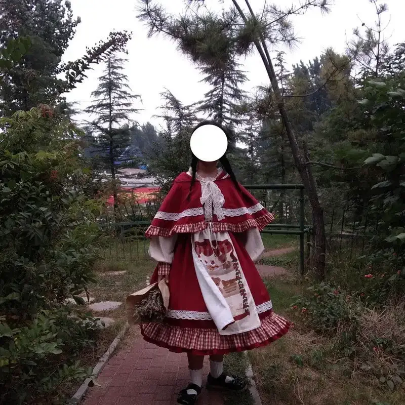 Kawaii Christmas Red Plaid Lolita Dress With Lace Ruffles And Puff Long Sleeves - Image 5