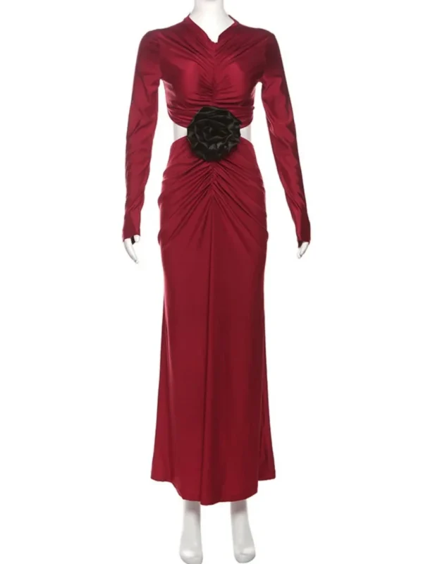 Red Homecoming Dresses: Autumn Winter Maxi Dress with Full Sleeves - Image 5