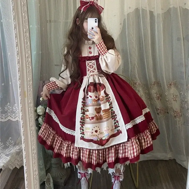 Kawaii Christmas Red Plaid Lolita Dress With Lace Ruffles And Puff Long Sleeves - Image 3