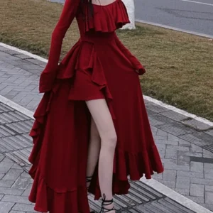 Red Vintage Flare Sleeve Long Dress Women Elegant Autumn Princess