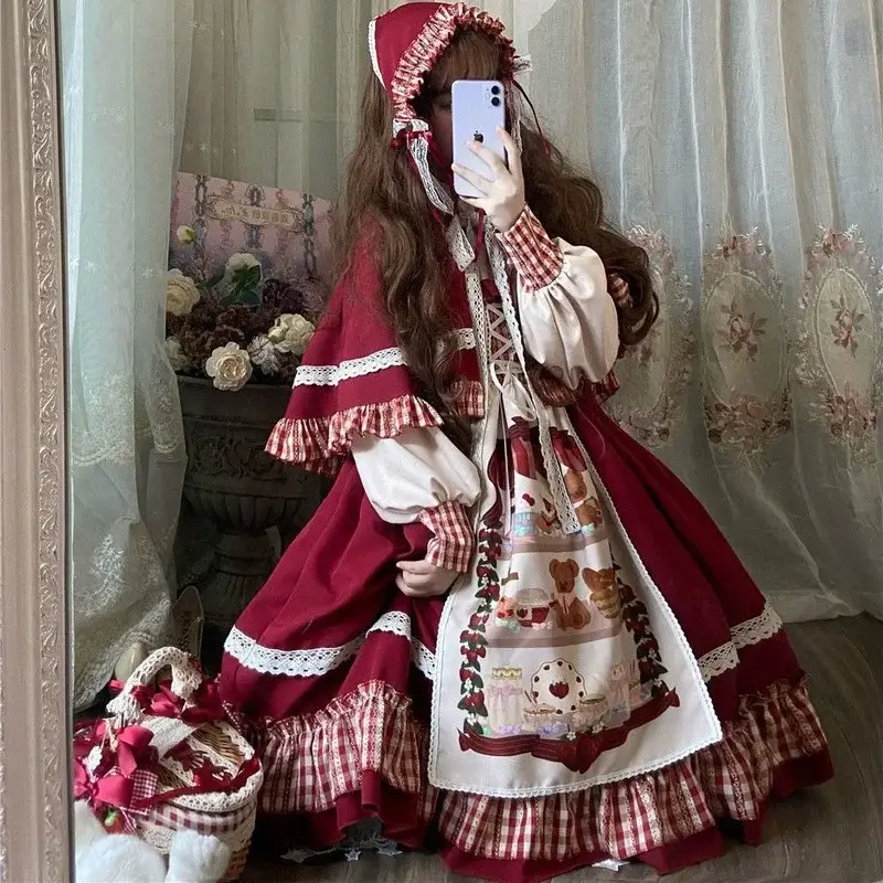 Kawaii Christmas Red Plaid Lolita Dress With Lace Ruffles And Puff Long Sleeves - Image 2