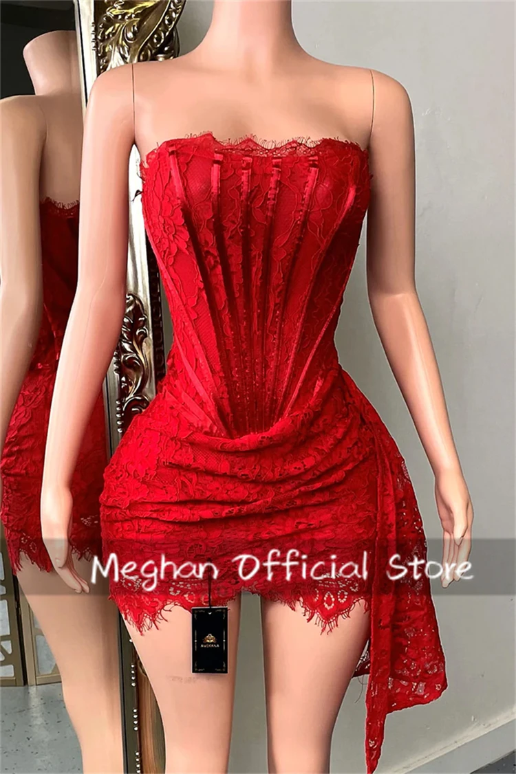 Sexy Red Strapless Short Prom Dresses with Lace for Graduation