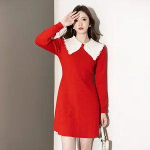 Red Knitted A-Line Sweater Dress With Peter Pan Collar And Long Sleeves