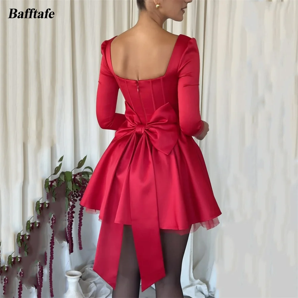 Bafftafe A-Line Red Satin Mini Prom Dress Long Sleeves Bow Back