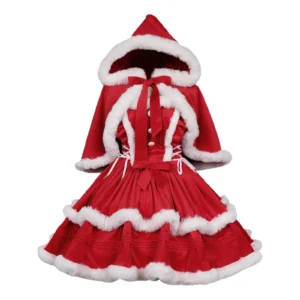 Red Fur Collar Patchwork Christmas Party Dress With Warm Red Cape Cosplay