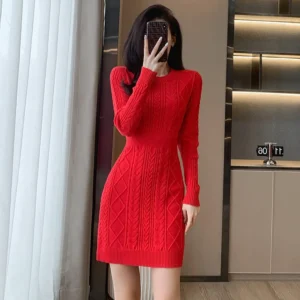 Red Knitted Bodycon Mini Dress For Women Office And Party Wear