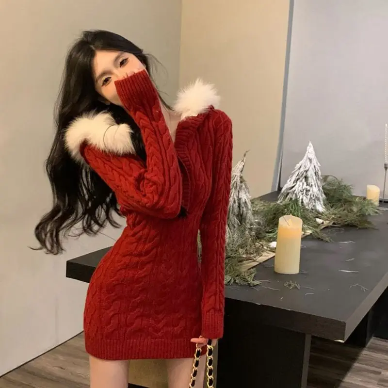 Winter Christmas Stylish Red Knitted Hooded Mini Dress for Women - Image 5