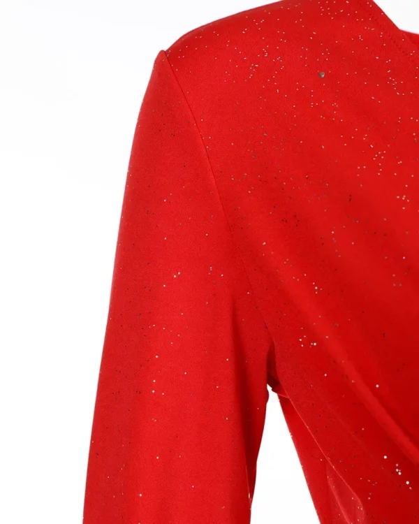 Red homecoming dresses: V-neck glitter, ruched long sleeve ball gown - Image 4