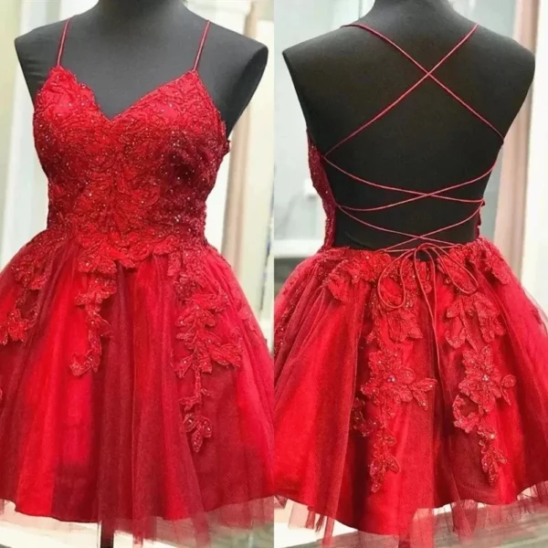 Red Homecoming Dresses Backless Applique Sexy Formal Graduation Gown