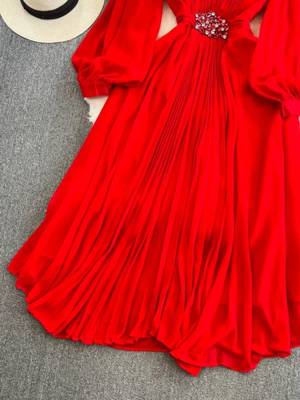 Elegant red homecoming dresses with puff sleeves, chiffon pleated design - Image 5