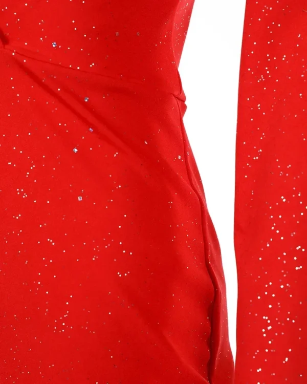 Red homecoming dresses: V-neck glitter, ruched long sleeve ball gown - Image 6