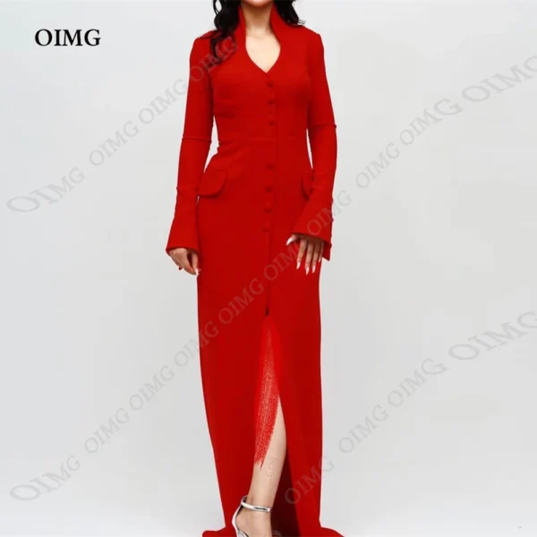 Red Homecoming Dress: Custom Full Sleeves Button Evening Gown