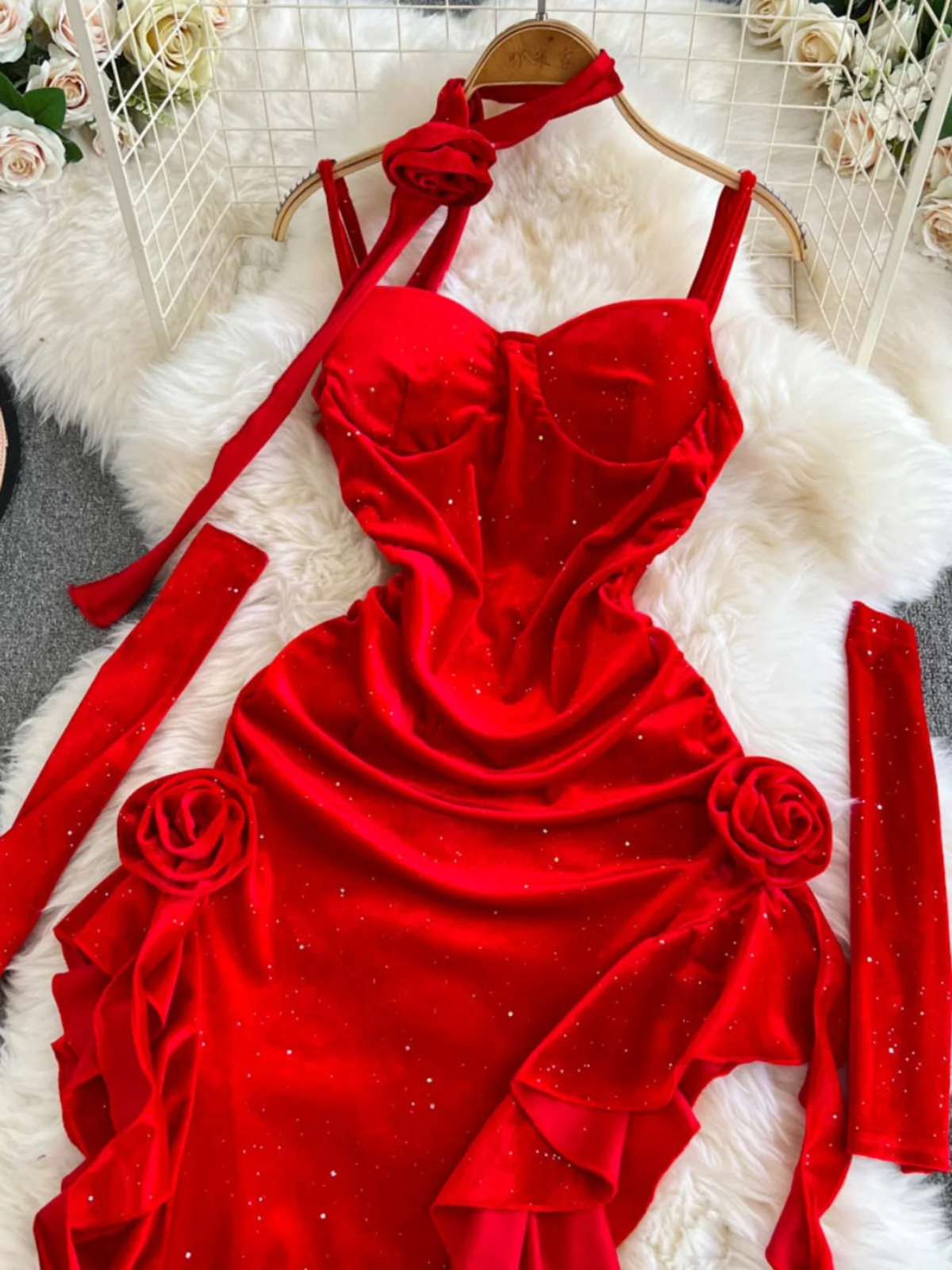 Vintage Red Velvet Suspender Dress Sexy Irregular Split Evening Dress - Image 3