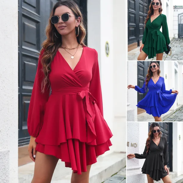 Red Homecoming Dresses: V-neck Lace Up Long Sleeve Party Dress - Image 2