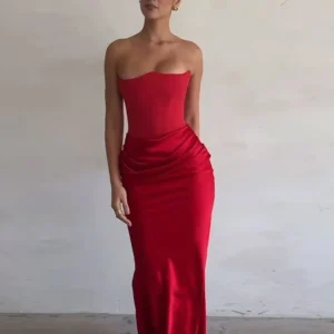 Sexy Red Satin Strapless Backless Corset Dress For Evening Party Wear