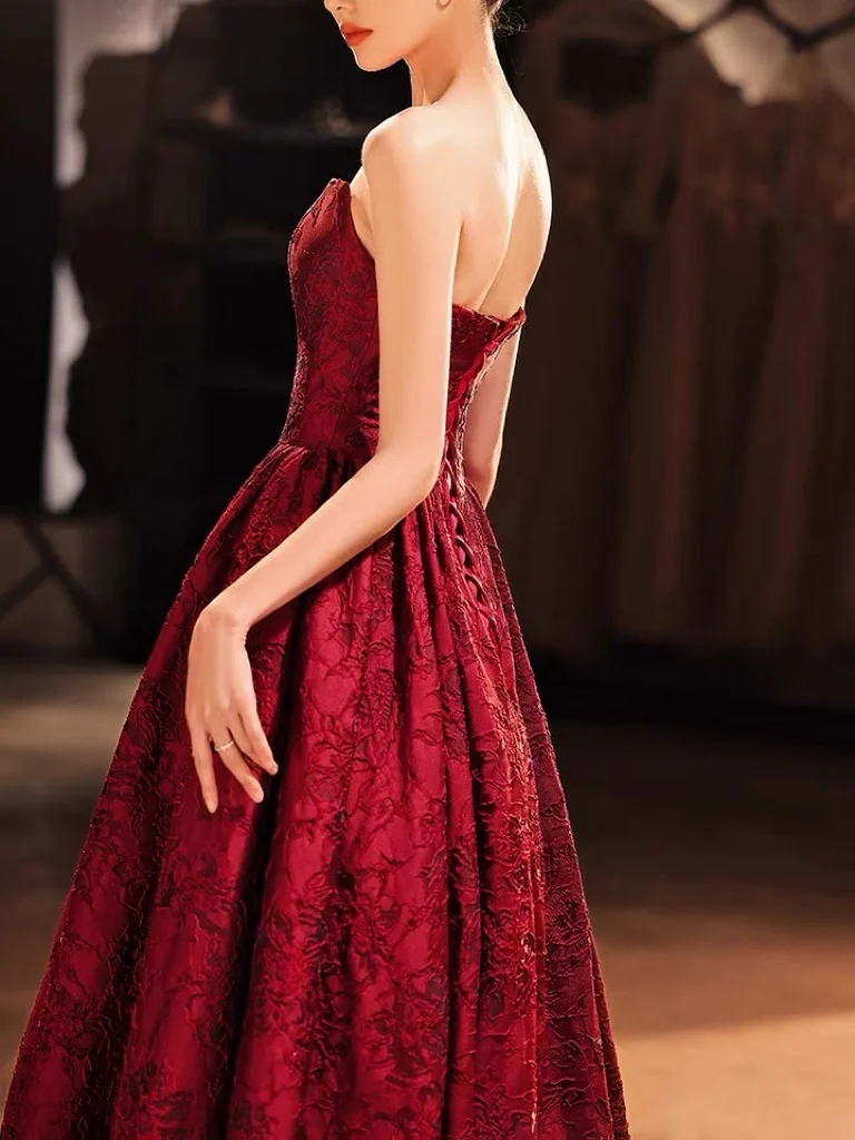 Wine Red A-Line Strapless Satin Prom Dress With Applique Embroidery - Image 4