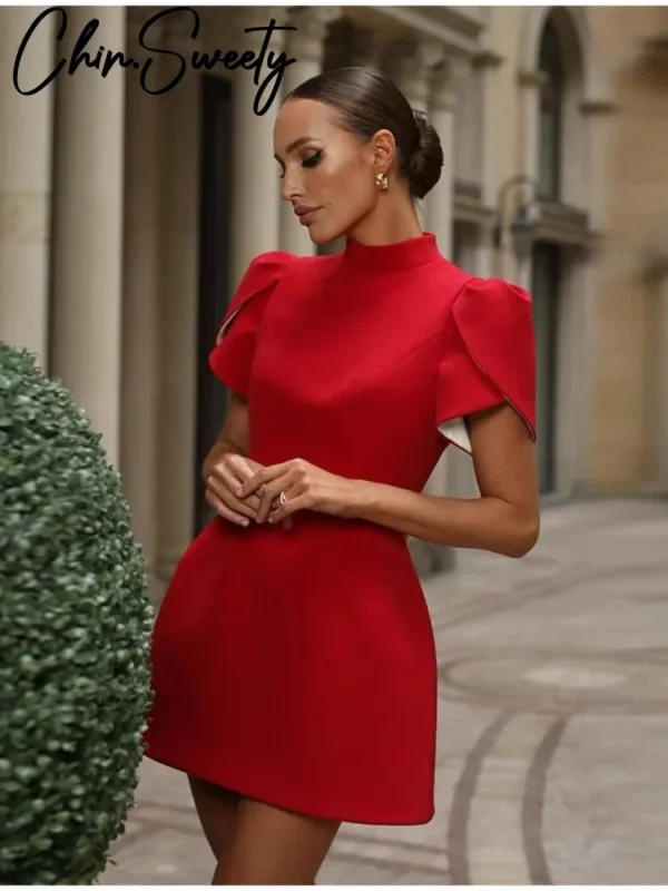 Elegant Red Homecoming Dresses: Puff Sleeve O-Neck Party Style - Image 2