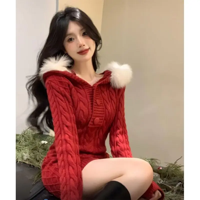 Winter Christmas Stylish Red Knitted Hooded Mini Dress for Women