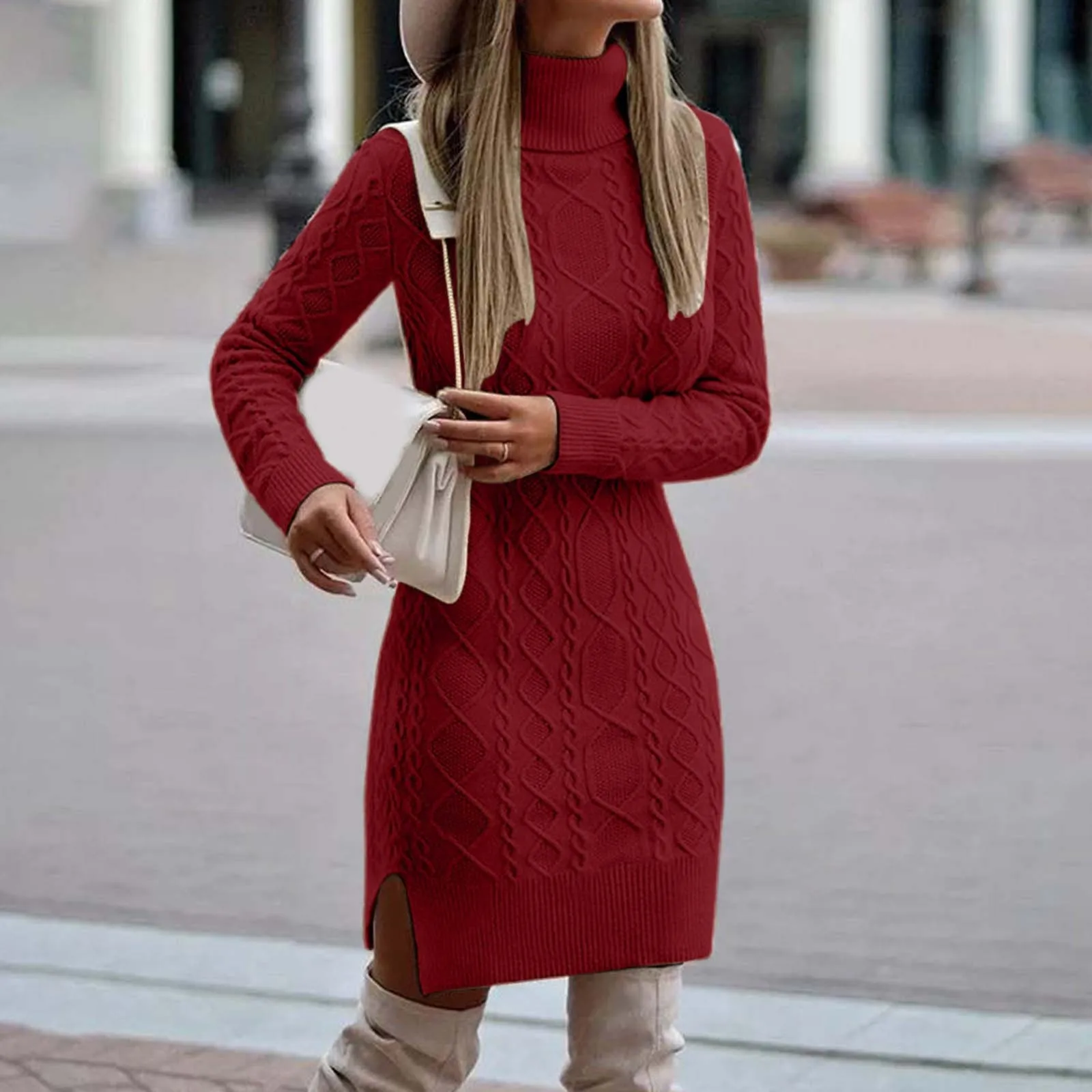 Women Winter Red Knitted Christmas Sweater Dress Slim Fit Pullover