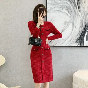 Autumn Winter Red Knitted Office Sweater Dress With Buttons