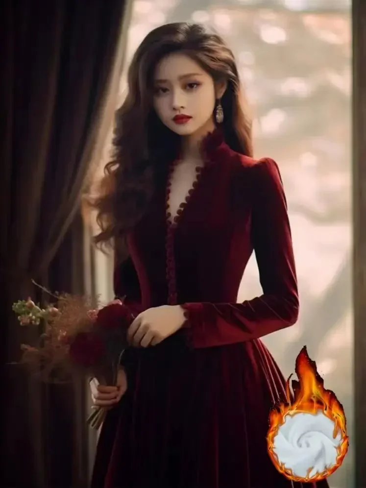 Kimotimo Wine Red Velvet V Neck A-Line Long Sleeve Dress 2025 - Image 2