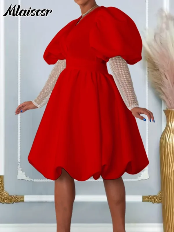 Red Homecoming Dresses: Elegant V Neck Puff Sleeve A-Line Gown