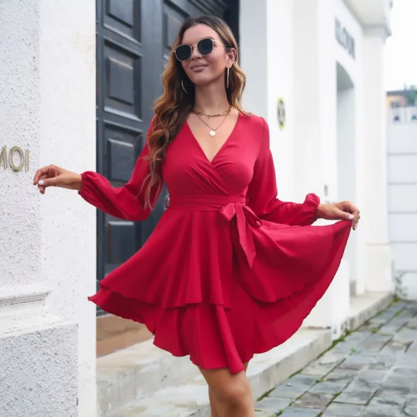 Red Homecoming Dresses: V-neck Lace Up Long Sleeve Party Dress