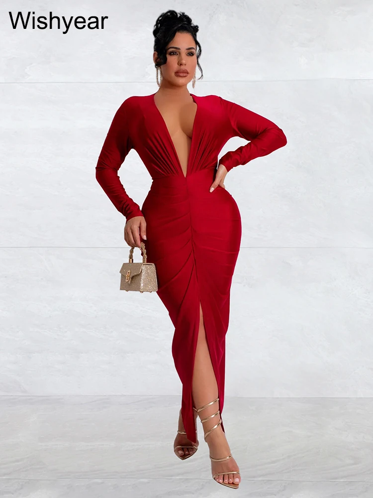 Red Homecoming Dresses Long Sleeve Deep V Neck Bodycon Party
