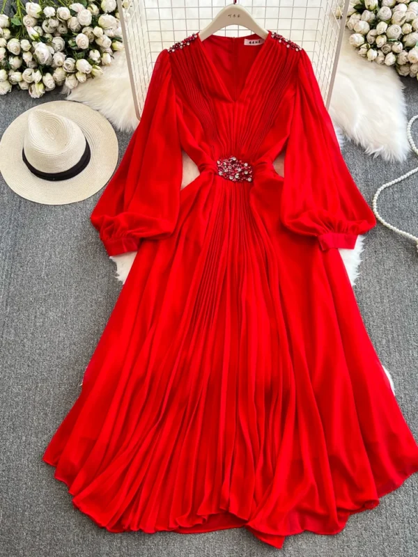 Elegant red homecoming dresses with puff sleeves, chiffon pleated design